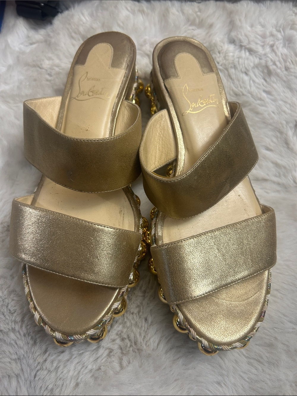 Christian Louboutin gold double strap platform wedges